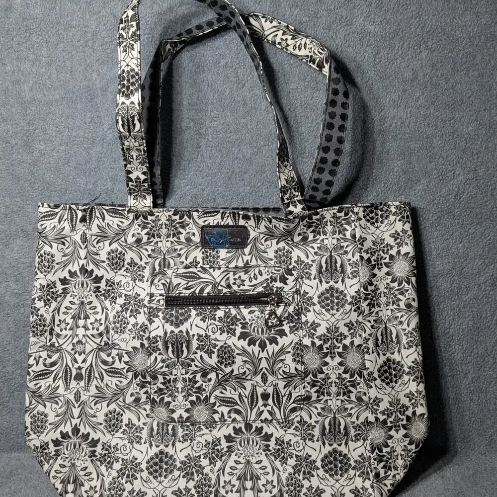 Belle Russo Large Nylon Tote Women Black White Floral Scroll Heart Zip Travel
